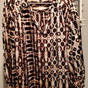 International Concepts (1X) Long Sleeved Tie V-Neck Brown Print Blouse